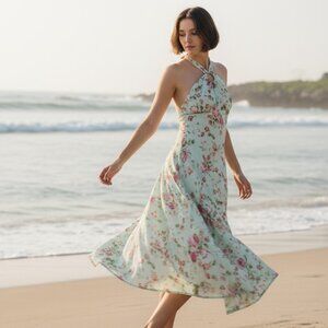 B Moss, Size 4, Dress Turquoise Y2K Fairycore Whimsical Vintage Halter Neckline